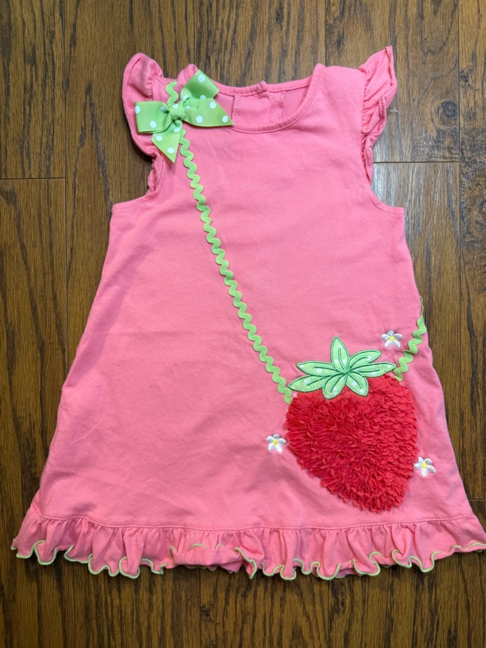 Good Lad Pink Strawberry Appliqué Dress with Green Bow